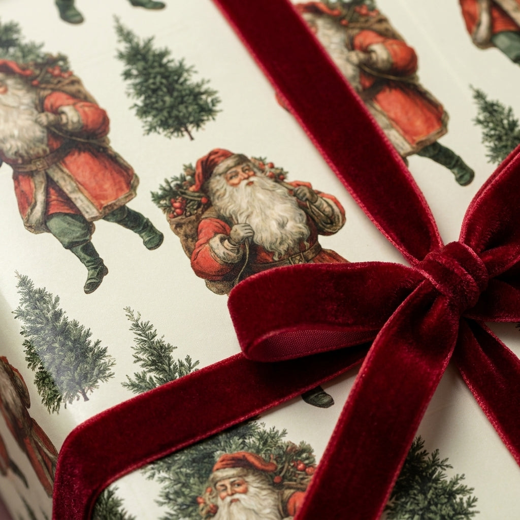 Vintage Santa Christmas wrapping paper tied with a red velvet ribbon bow by Wrapped Studios.