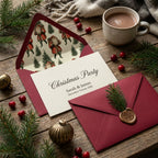 Elegant Christmas party invitation with vintage Santa pattern liner by Wrapped Studios.
