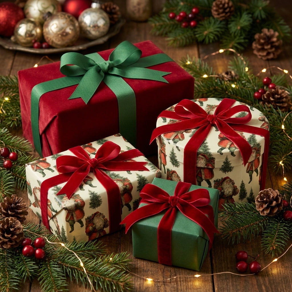 Vintage Santa Christmas wrapping paper and luxury gift boxes with velvet ribbons by Wrapped Studios.