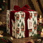 Vintage Santa Christmas wrapping paper by Wrapped Studios on a luxury gift box with a red velvet ribbon.
