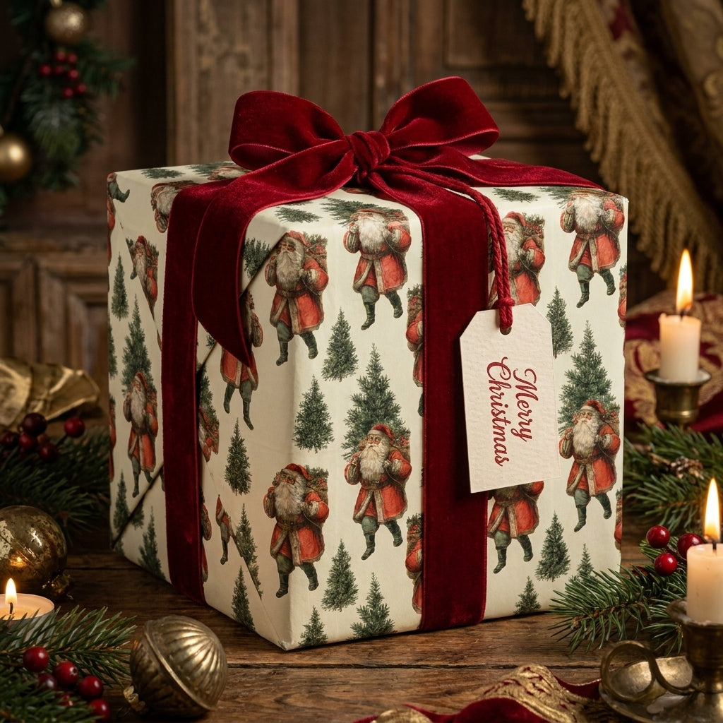Vintage Santa Christmas wrapping paper by Wrapped Studios on a luxury gift box with a red velvet ribbon.