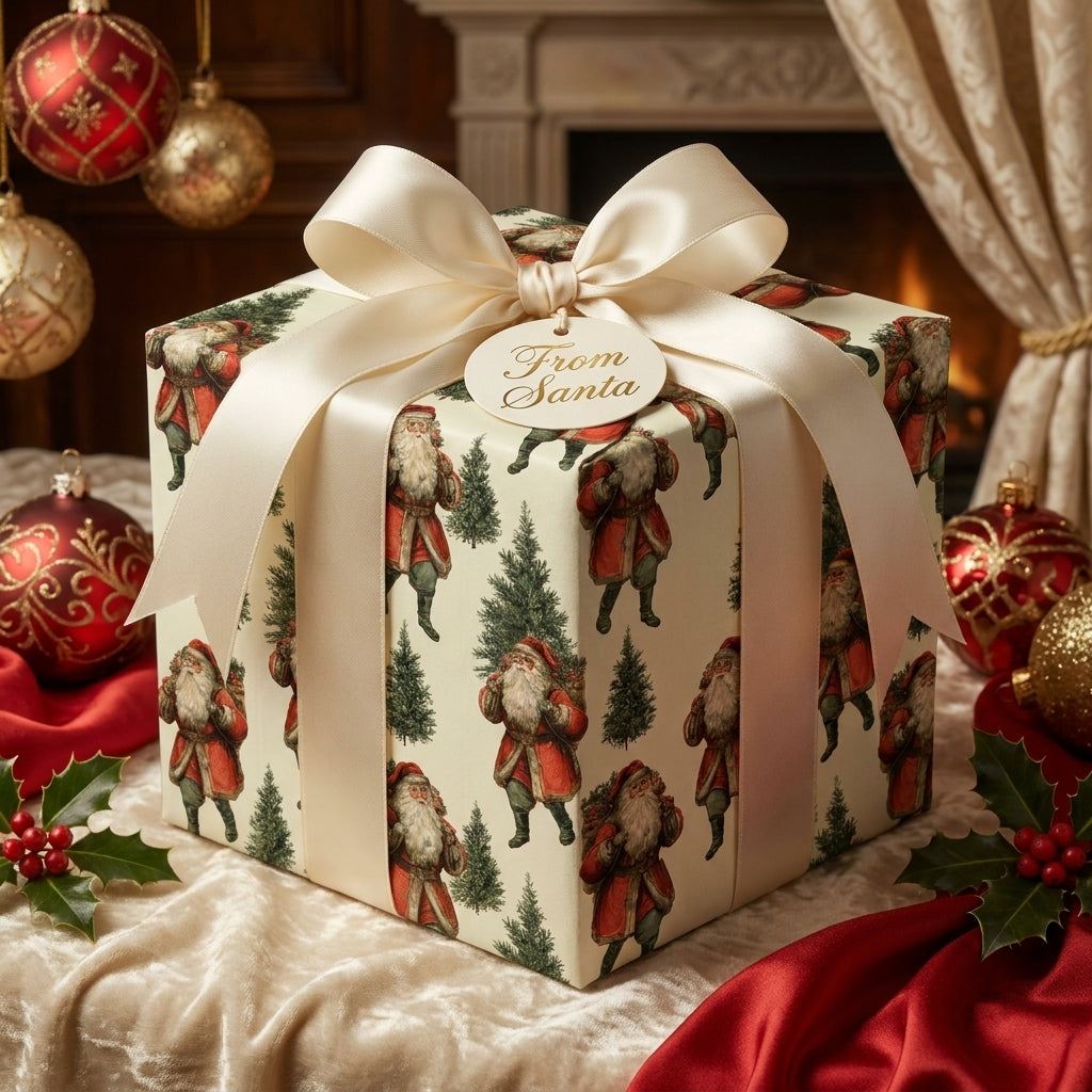 Vintage Santa Christmas wrapping paper by Wrapped Studios on a luxury gift box with cream bow.