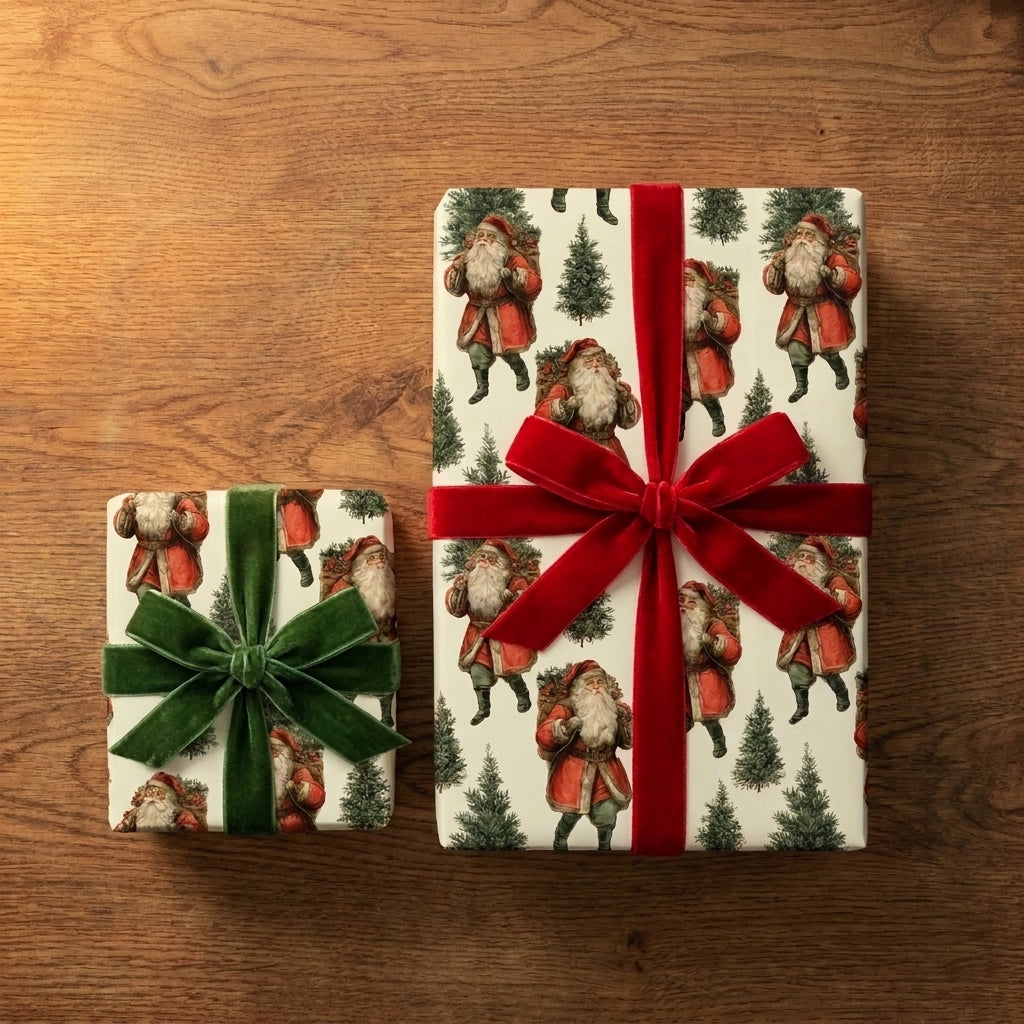 Vintage Santa Christmas wrapping paper with red and green velvet bows by Wrapped Studios.