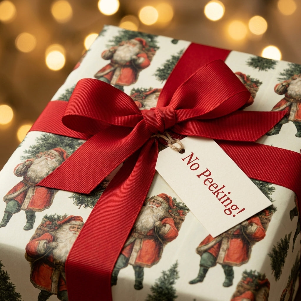 Vintage Santa Christmas wrapping paper by Wrapped Studios, tied with a red bow and a "No Peeking" tag.