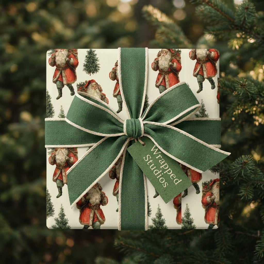 Vintage Santa Christmas wrapping paper with a green fabric ribbon and Wrapped Studios gift tag.