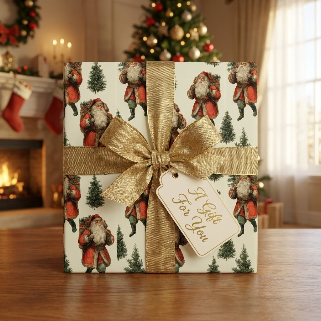 Vintage Santa Christmas wrapping paper by Wrapped Studios on a gift box tied with a gold ribbon.
