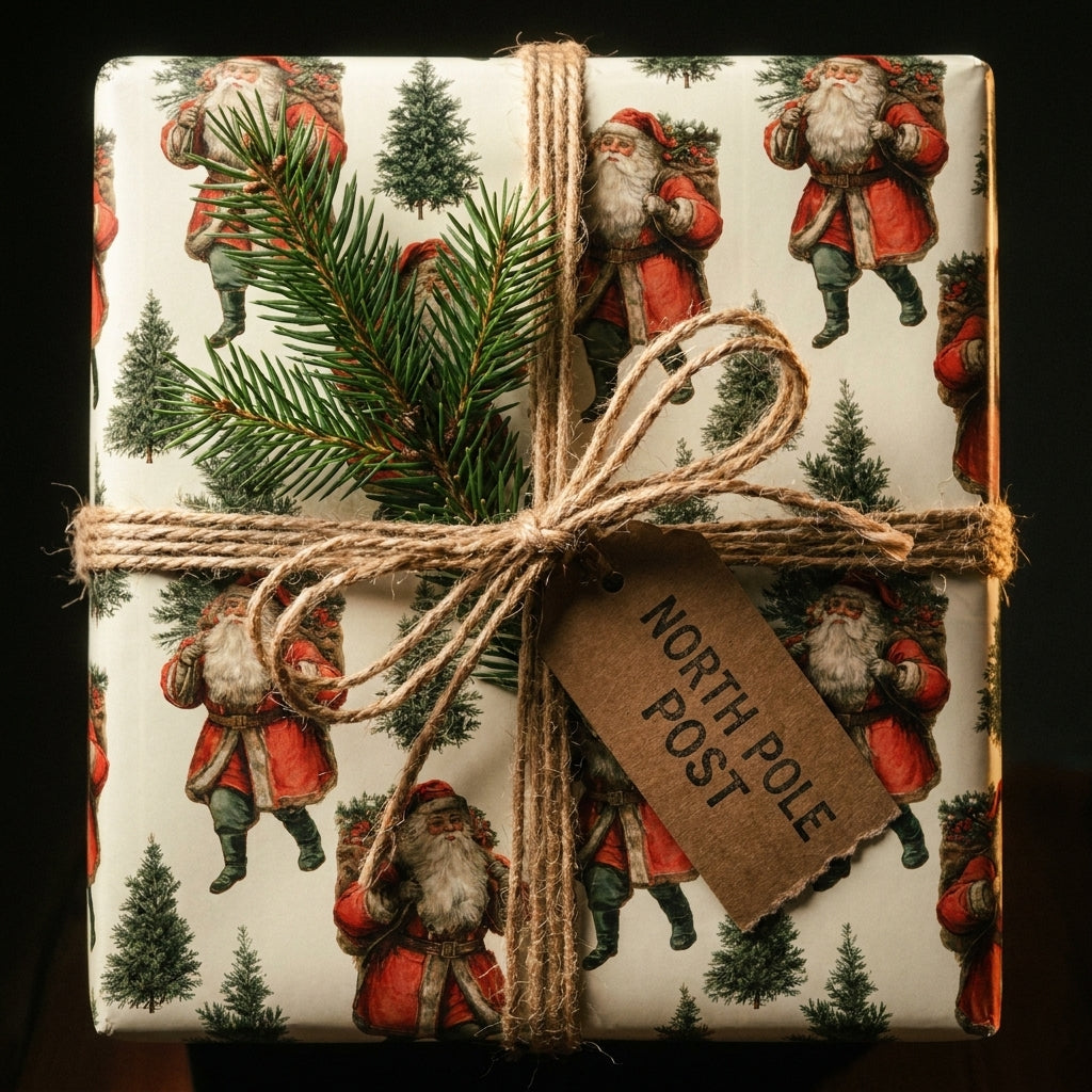 Vintage Santa Claus Christmas gift wrap tied with rustic twine and a pine sprig by Wrapped Studios.