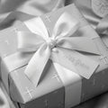 Silver baptism wrapping paper with cross pattern and white satin bow, religious gift wrap by Wrapped Studios.