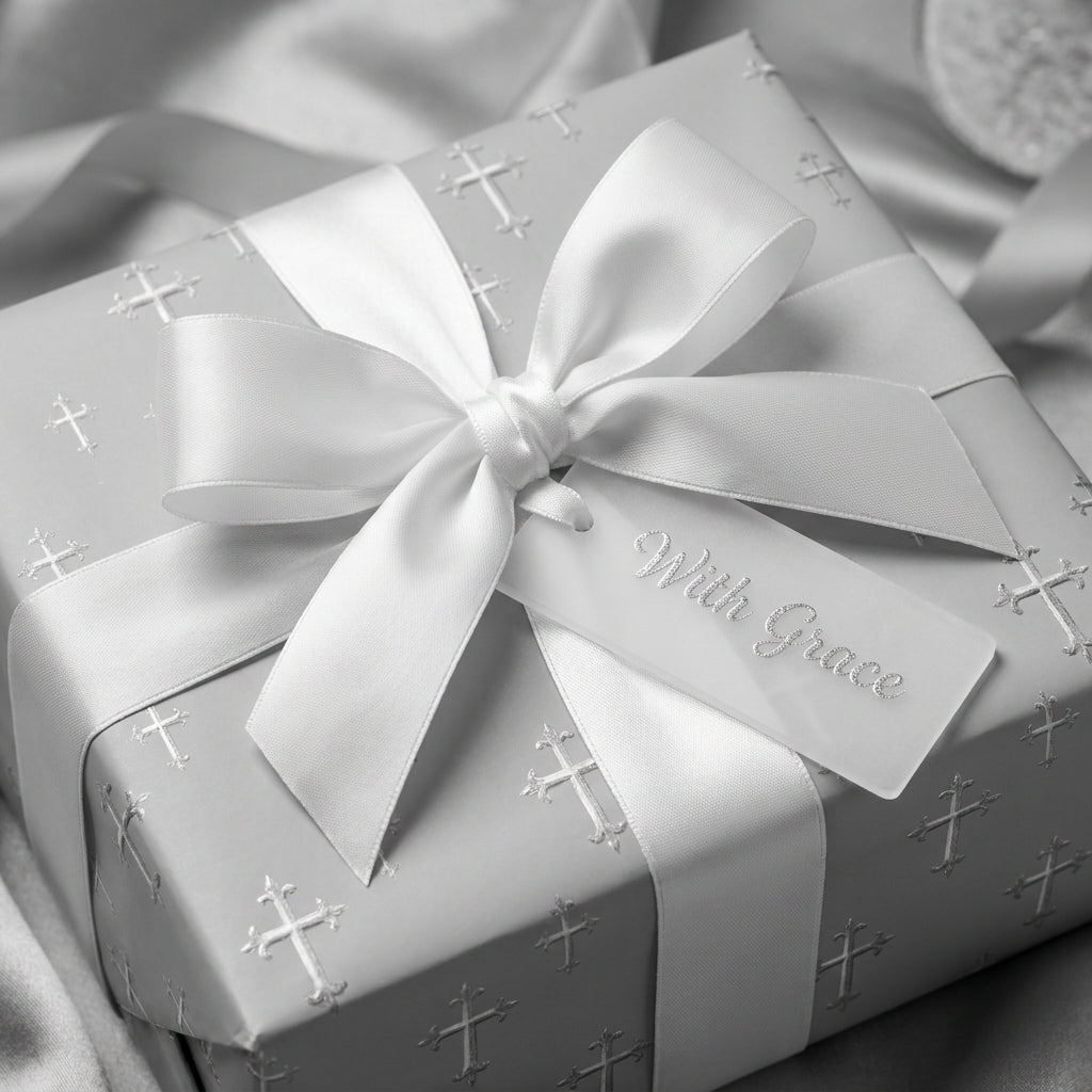 Silver baptism wrapping paper with cross pattern and white satin bow, religious gift wrap by Wrapped Studios.
