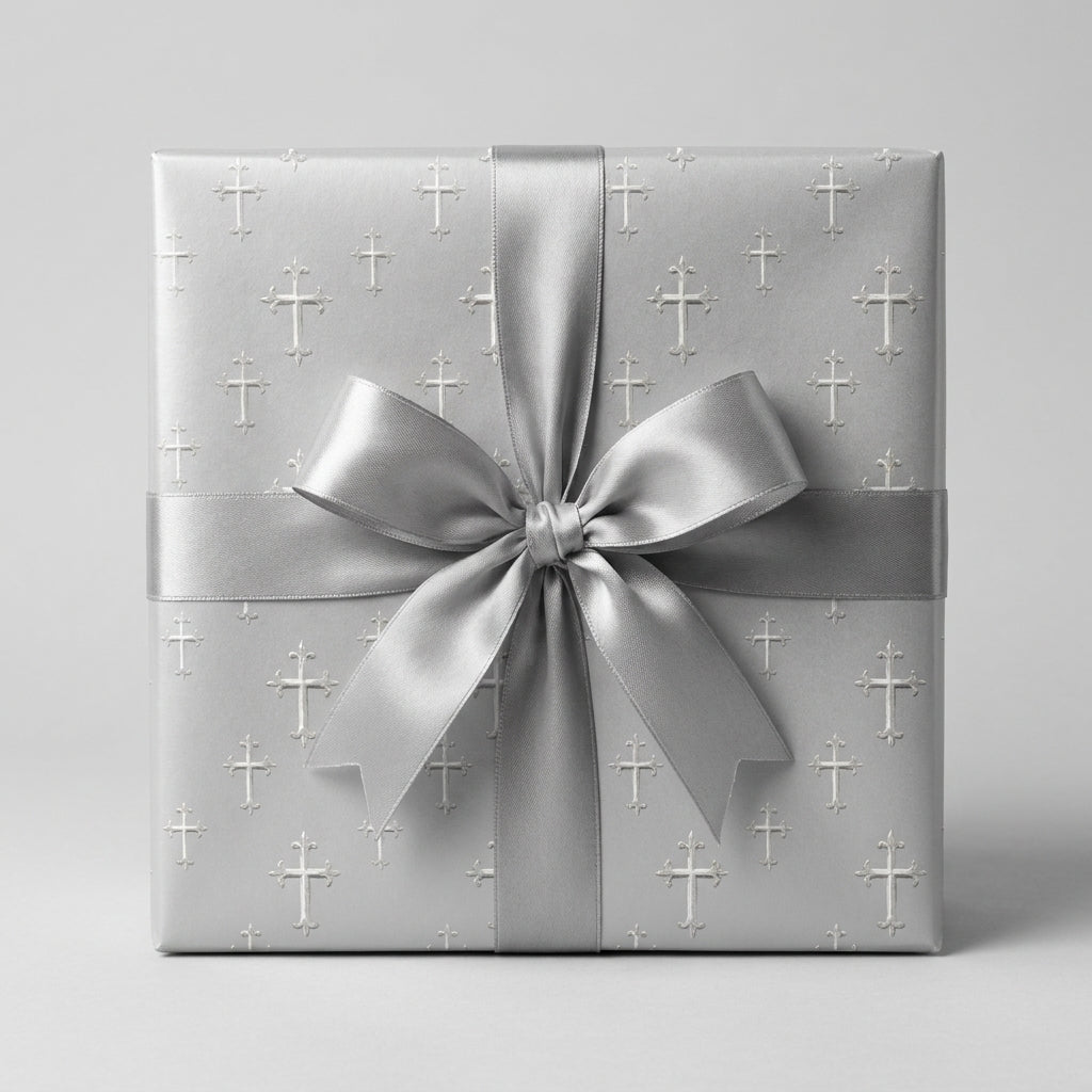Silver baptism and christening gift wrap with cross pattern and satin bow by Wrapped Studios.
