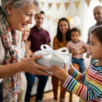 Grandmother hands child a gift in silver cross baptism wrapping paper with a white bow by Wrapped Studios.