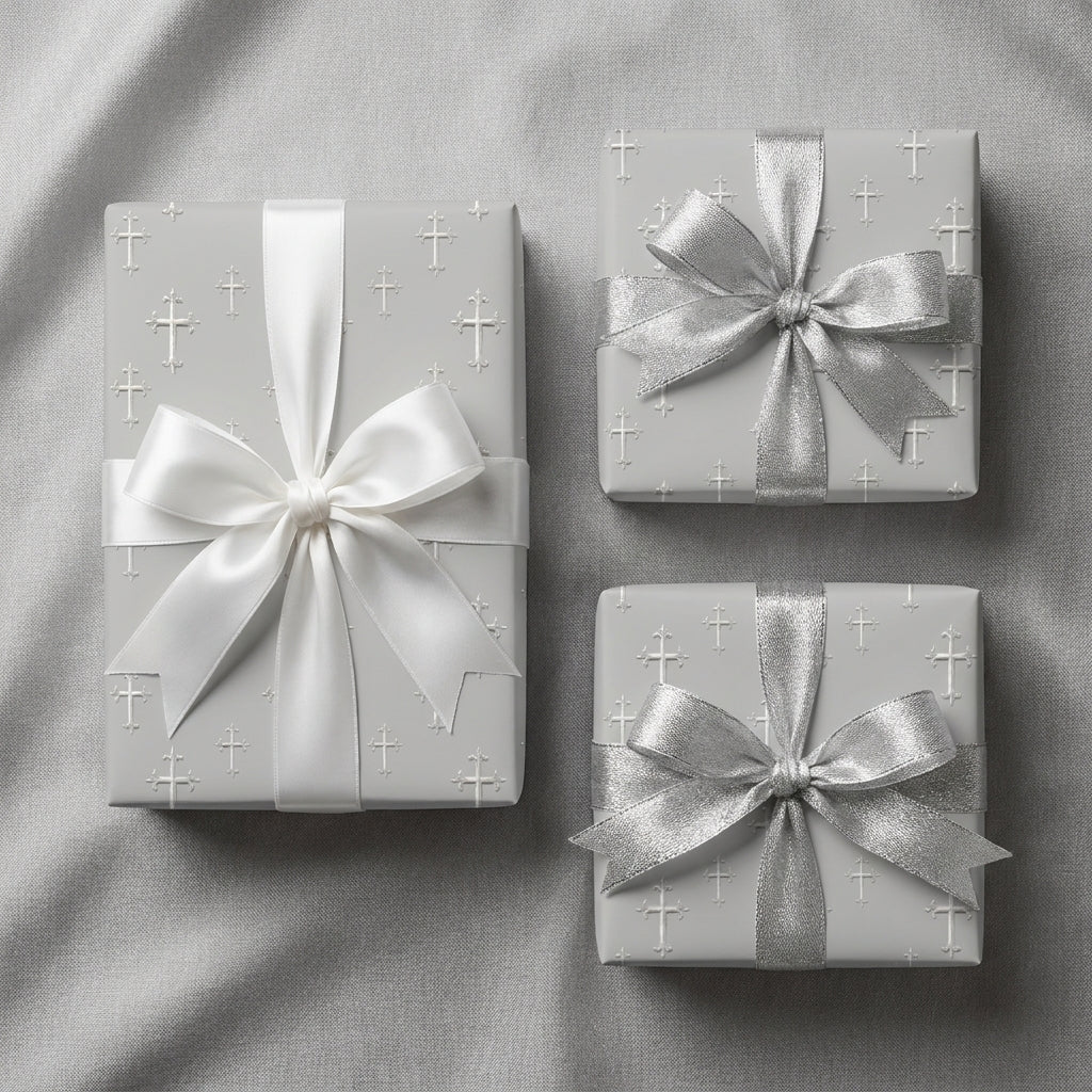 Silver cross baptism wrapping paper with white and silver satin bows by Wrapped Studios.