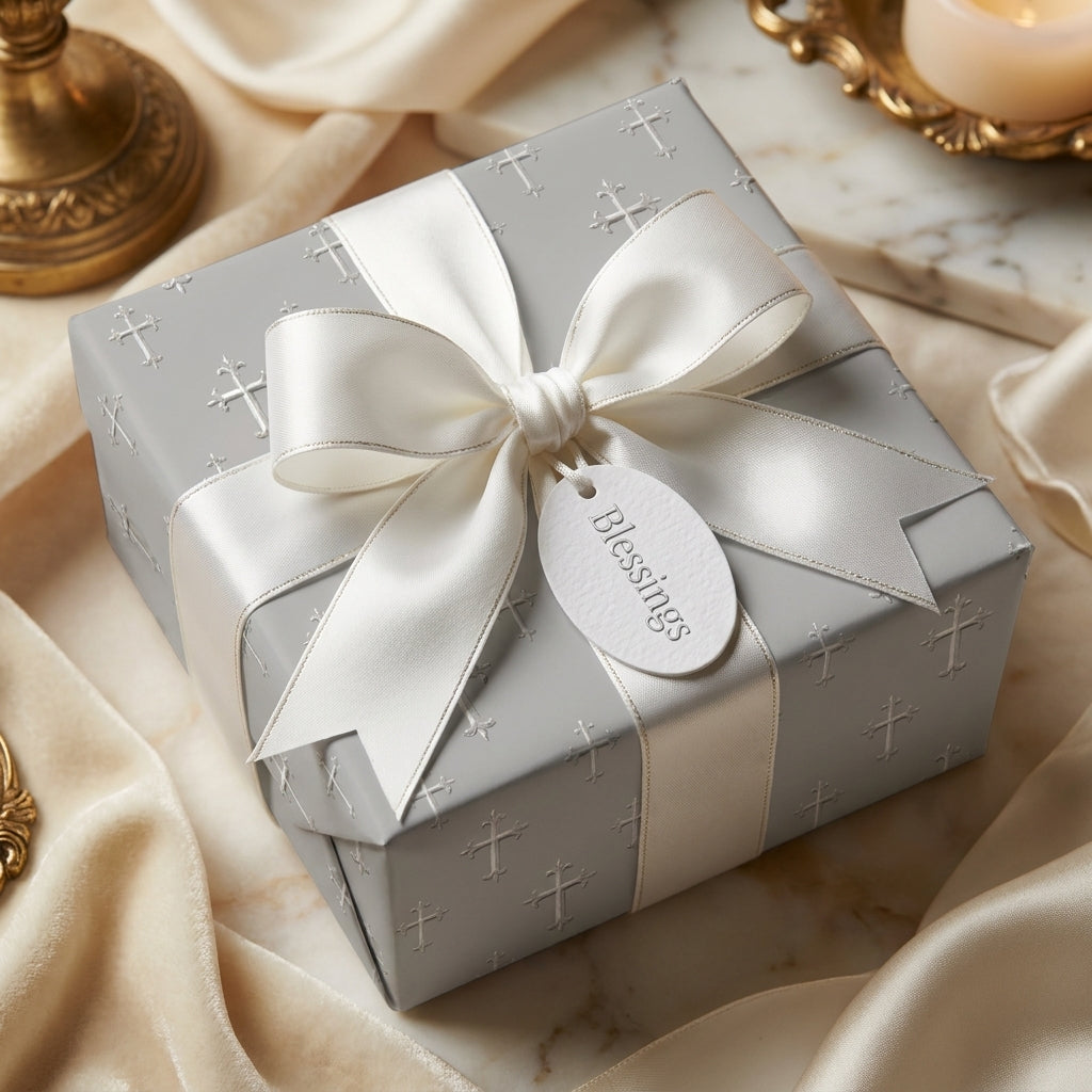 Silver cross baptism wrapping paper with a white satin bow and Blessings tag by Wrapped Studios.