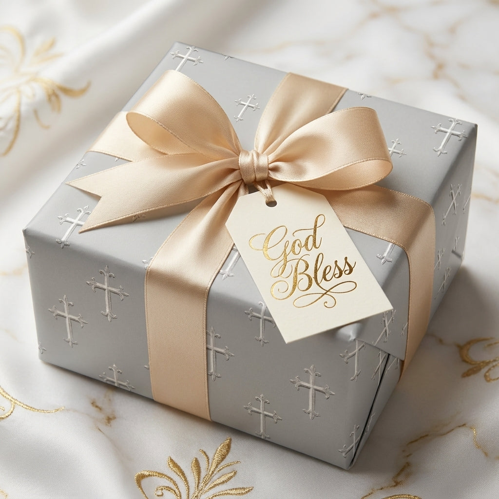 Baptism wrapping paper with silver crosses, gold ribbon, and a God Bless tag by Wrapped Studios.