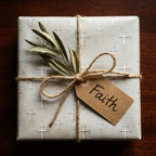 Christian cross baptism wrapping paper by Wrapped Studios, tied with rustic twine and a Faith tag.