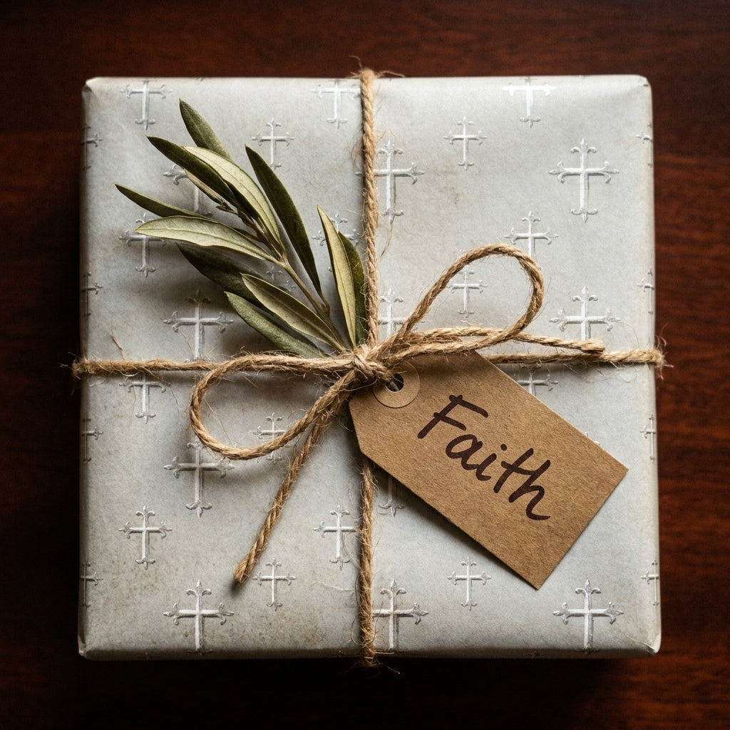 Christian cross baptism wrapping paper by Wrapped Studios, tied with rustic twine and a Faith tag.