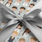 First Communion wrapping paper with light grey ribbon, featuring child illustrations and floral accents.