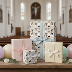 Gifts wrapped in First Communion wrapping paper with ribbon on a wood table in a church setting.