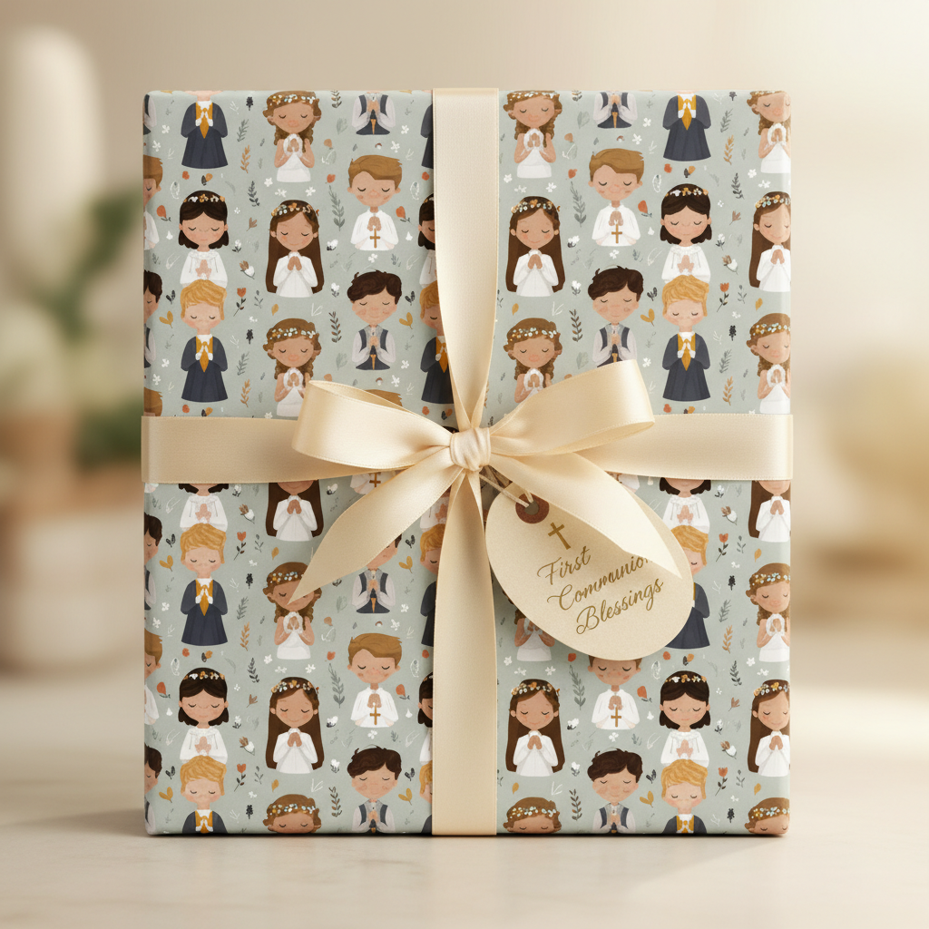 First Communion gift wrap with illustration of children and "First Communion Blessings" tag.