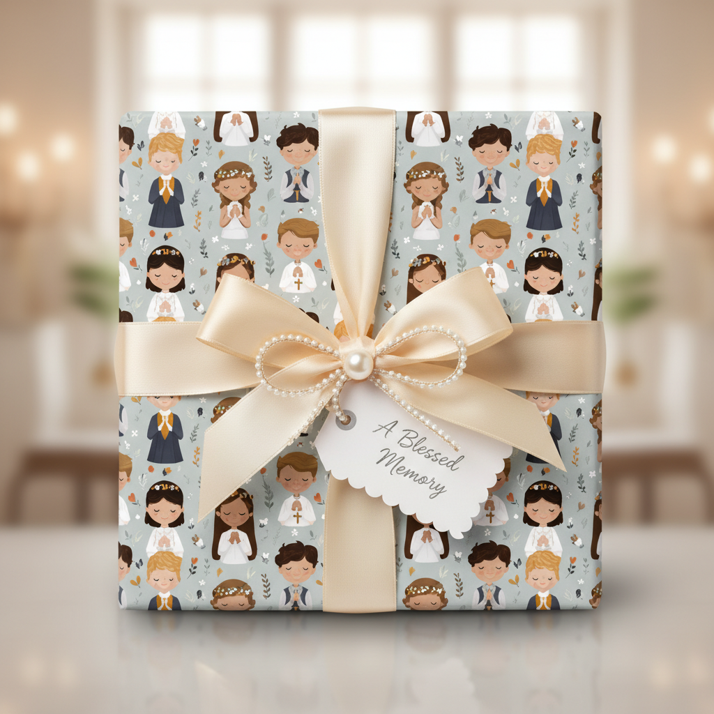 First Communion wrapping paper features cartoon children, tied with a pearl-accented cream satin ribbon.