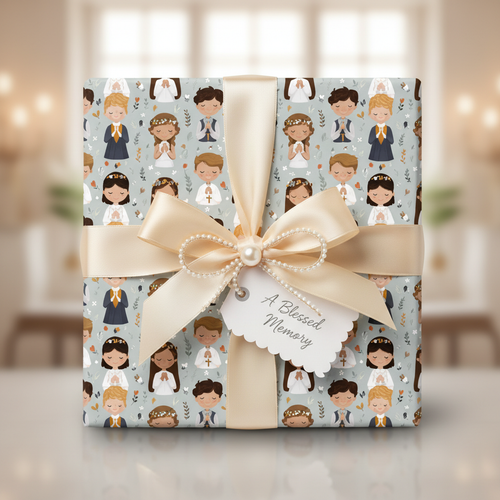 First Communion wrapping paper features cartoon children, tied with a pearl-accented cream satin ribbon.