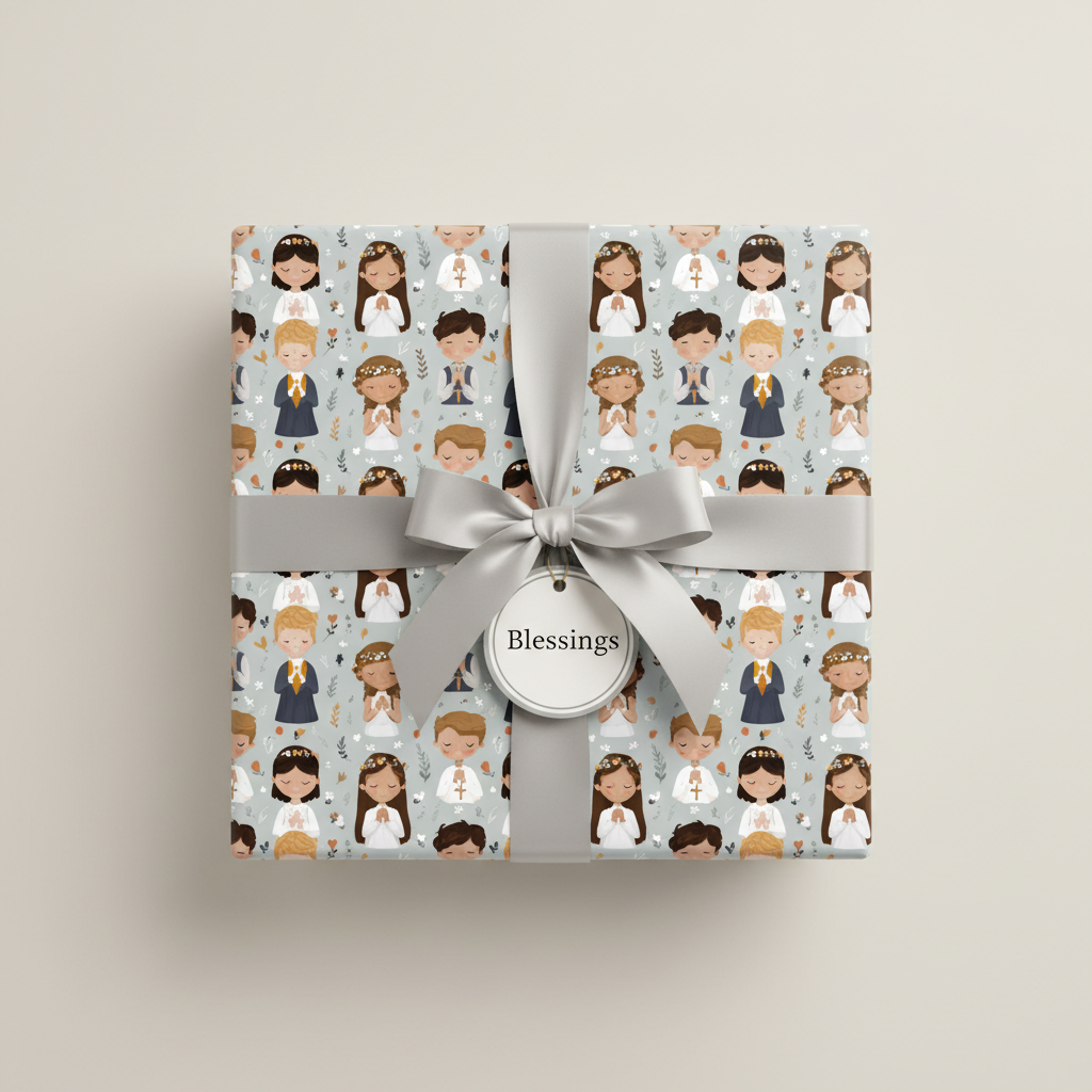 Gift wrapped in light blue blessing wrapping paper with silver ribbon and tag.