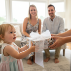 Toddler receives a gift wrapped in light blue pattern wrapping paper with white bow, family in background.