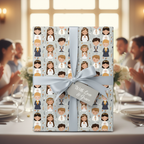 Communion wrapping paper featuring children pattern, tied with a light blue ribbon, perfect for a first communion gift.