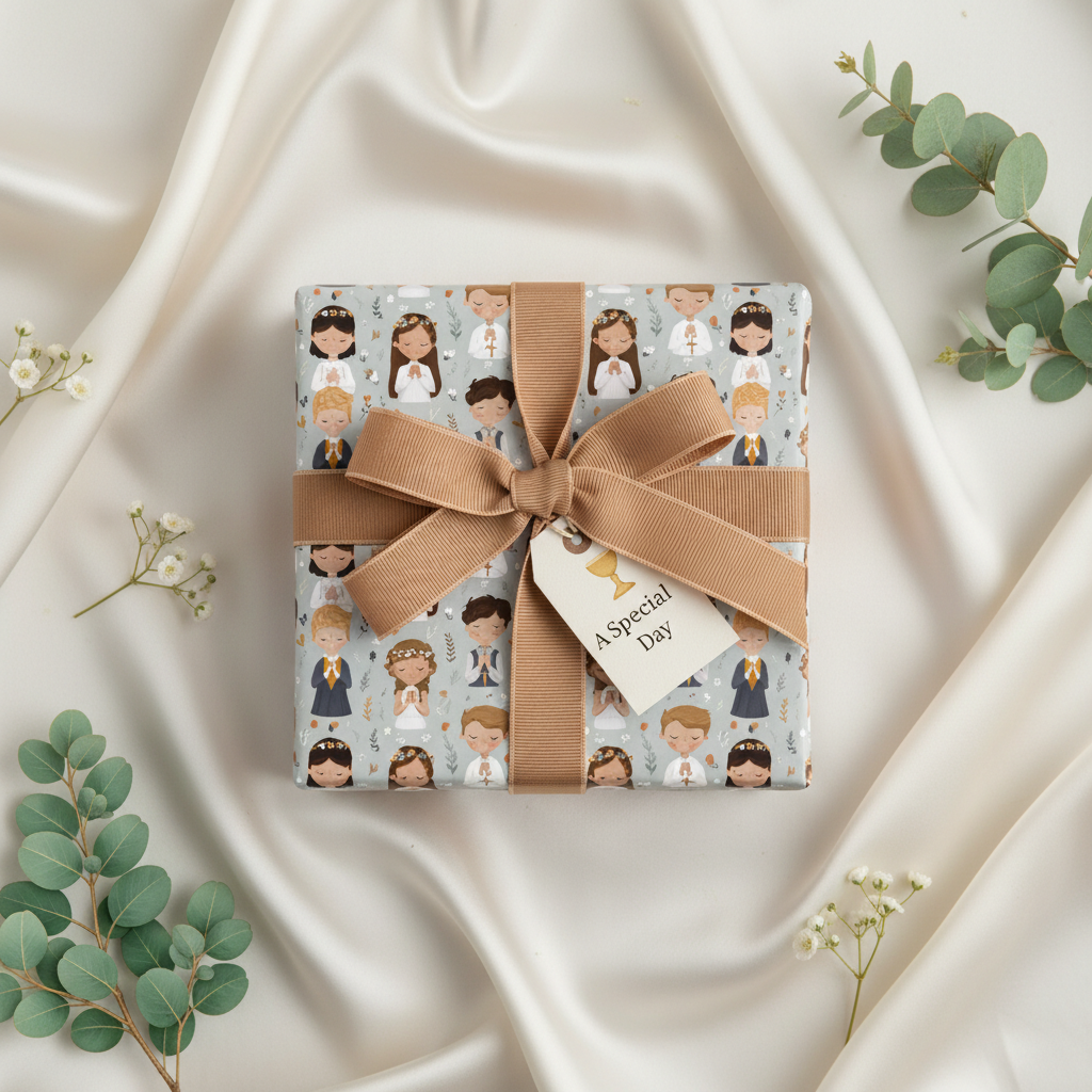 First Communion gift wrapped in adorable boy/girl pattern paper with tan ribbon and "Special Day" tag.