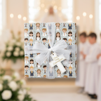 First Holy Communion gift wrapped in cute cartoon people print paper with sheer white ribbon and cross tag.