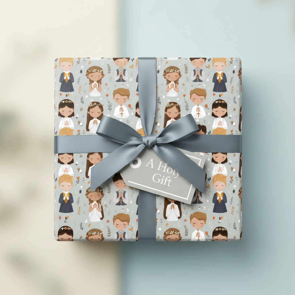 Gift wrapped in First Communion wrapping paper, featuring a grey ribbon and a tag that says "A Holy Gift".