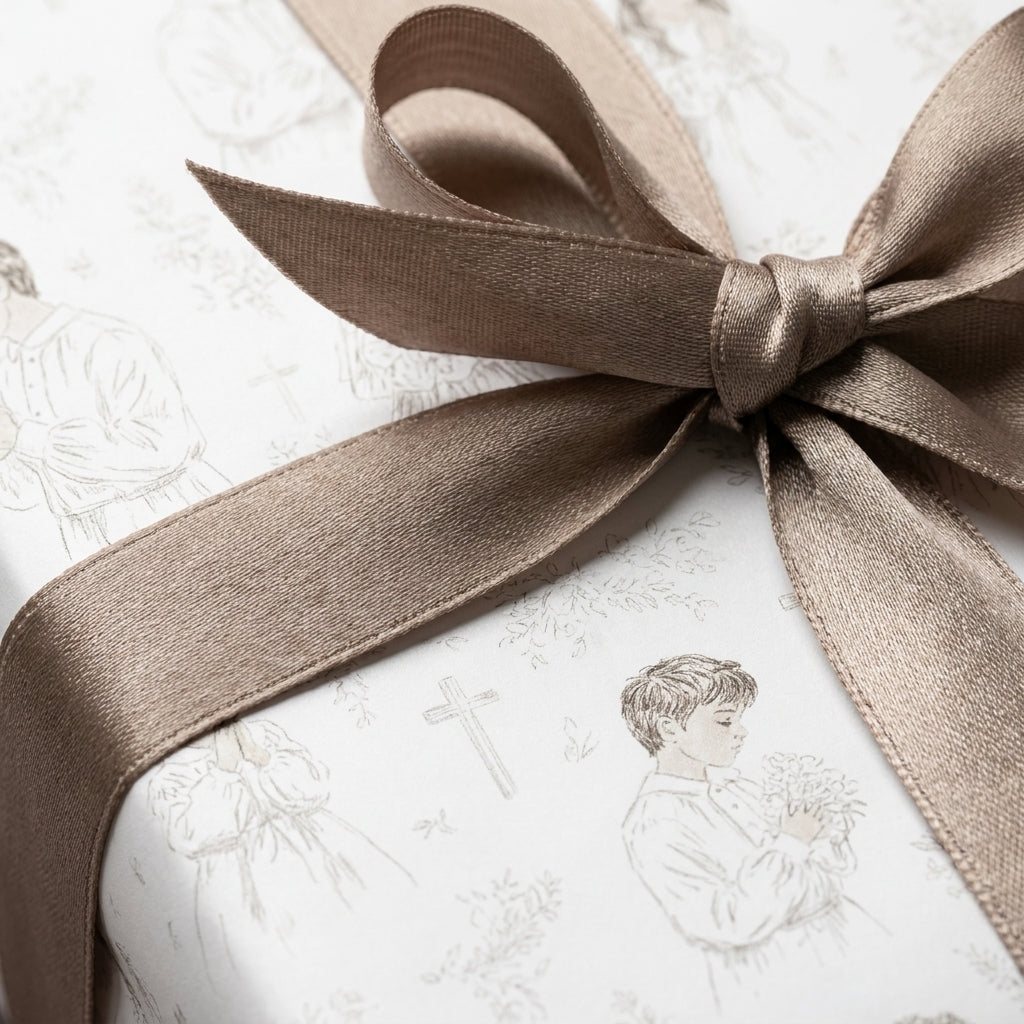 Baptism wrapping paper with elegant vintage sketches and a taupe satin bow by Wrapped Studios.