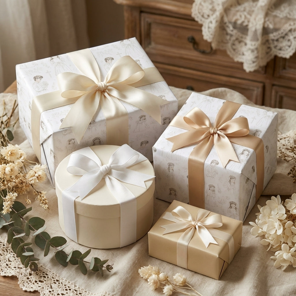 Elegant First Communion wrapping paper with cream satin bows on vintage gift boxes by Wrapped Studios.