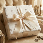 First Communion and baptism gift wrap with religious sketches and cream satin bow by Wrapped Studios.