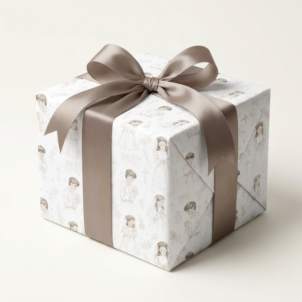 First Communion wrapping paper with vintage religious illustrations and a taupe satin bow by Wrapped Studios.