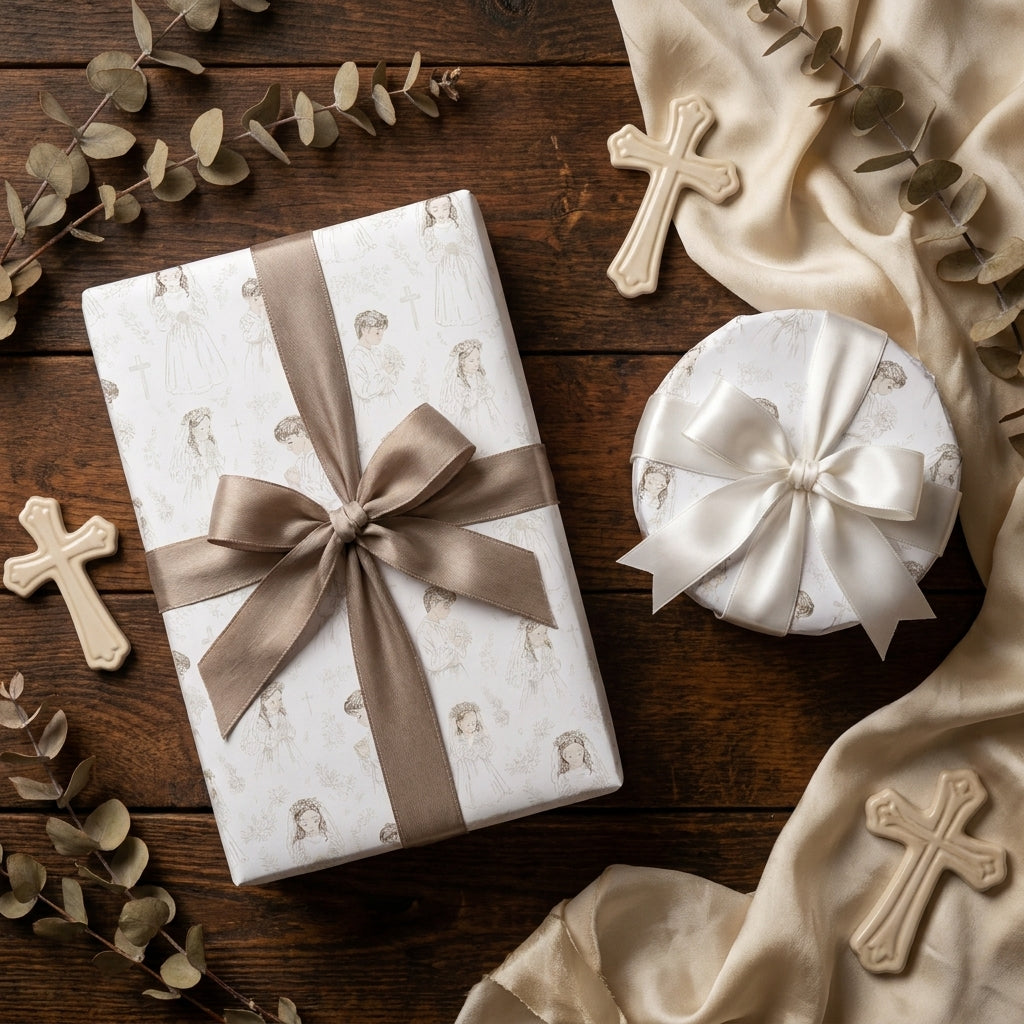 Baptism and First Communion wrapping paper with satin ribbons and crosses by Wrapped Studios.