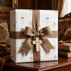 First Communion wrapping paper by Wrapped Studios featuring religious sketches, a brown bow, and a cross tag.