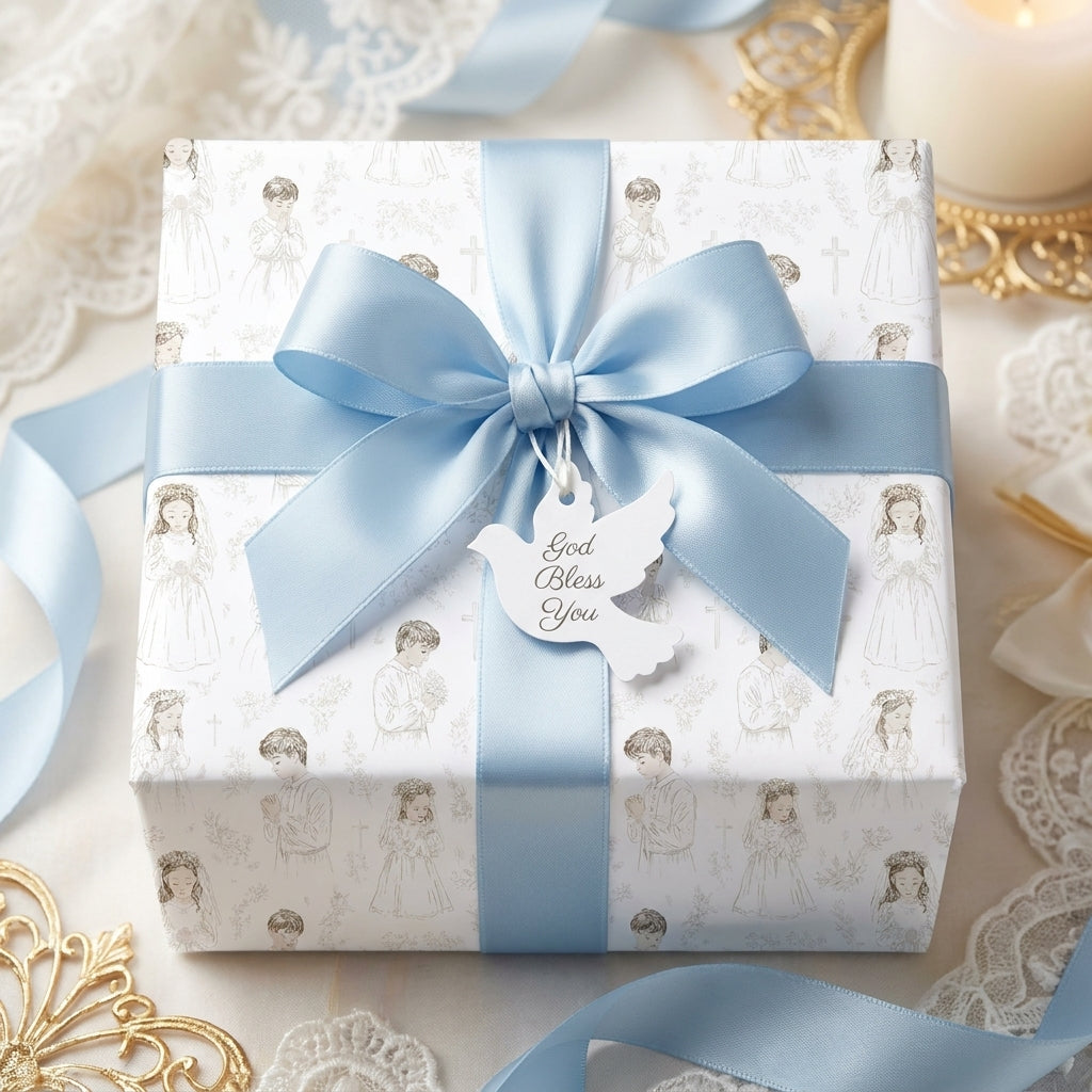 First Communion wrapping paper with blue satin bow and dove tag on a baptism gift, by Wrapped Studios.
