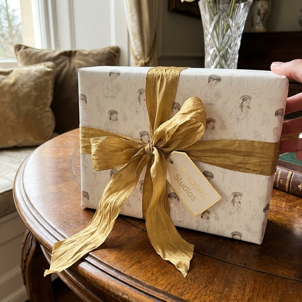 First Holy Communion wrapping paper with elegant gold silk ribbon and gift tag by Wrapped Studios.