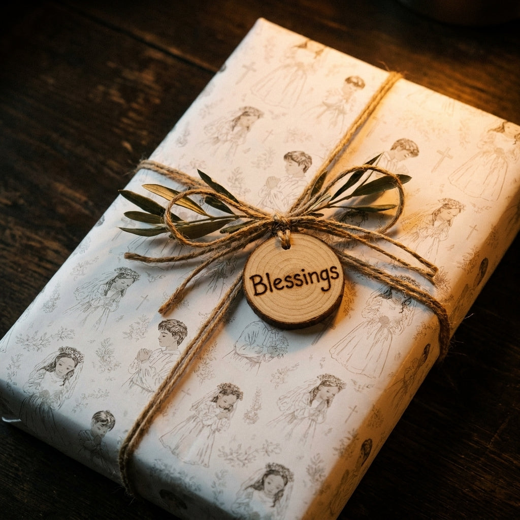 First communion wrapping paper with vintage baptism sketch pattern and blessings tag by Wrapped Studios.