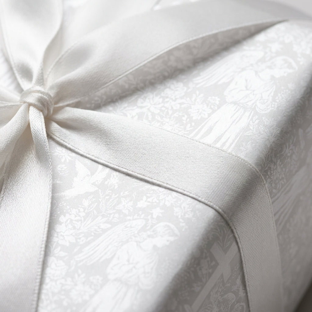 White religious wrapping paper with angels and satin ribbon, baptism gift wrap by Wrapped Studios.
