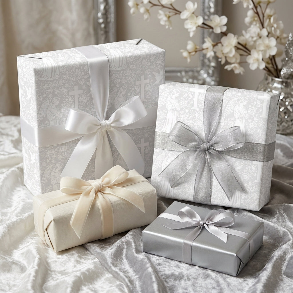 Silver baptism wrapping paper with angel and cross patterns, luxury christening gift wrap by Wrapped Studios.