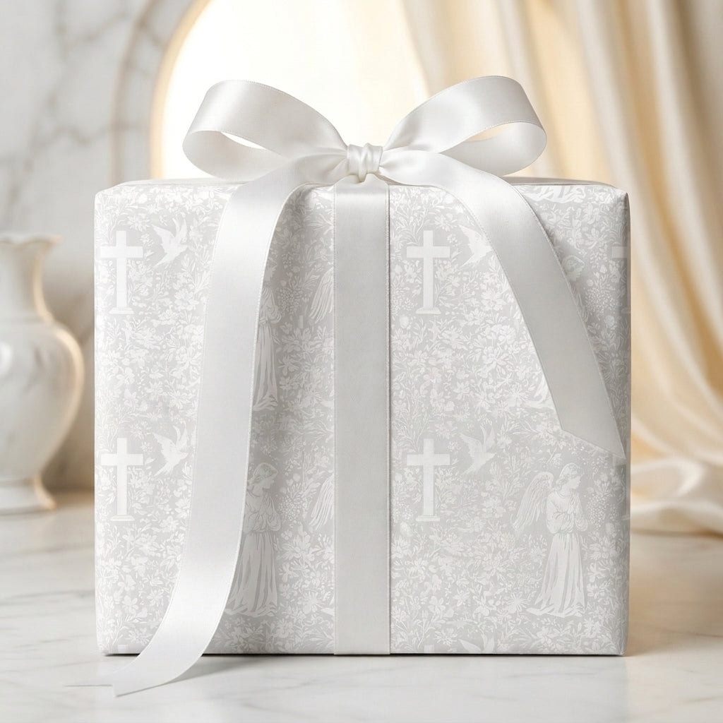 Elegant baptism wrapping paper with crosses and angels, tied with a white satin bow by Wrapped Studios.