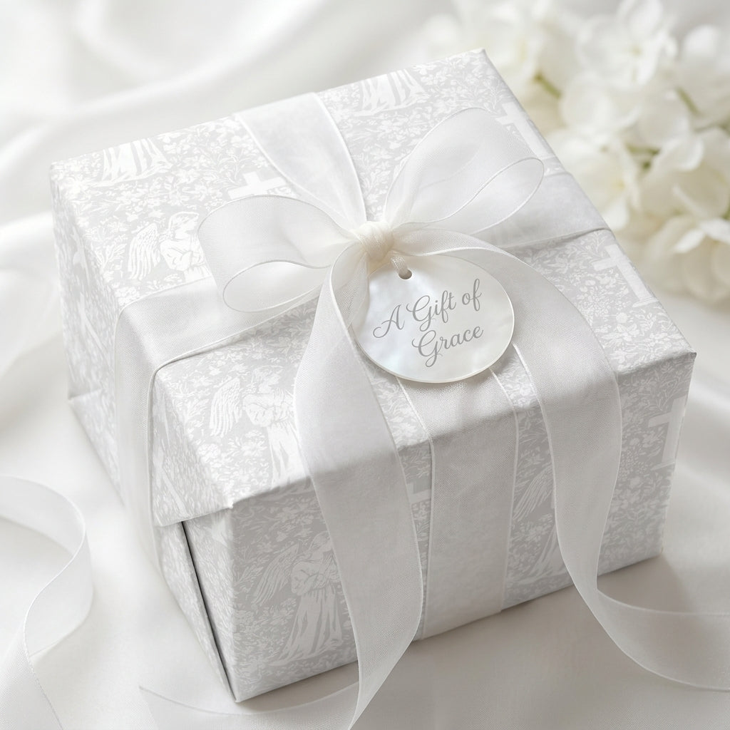 White angel baptism wrapping paper with a sheer ribbon bow on a luxury gift box by Wrapped Studios.