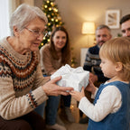 Grandmother giving child a gift in elegant blue Christmas wrapping paper by Wrapped Studios.