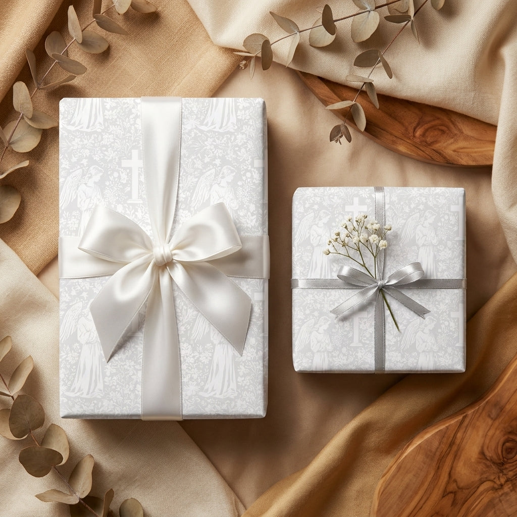 Elegant baptism wrapping paper with white angel and cross pattern on gifts by Wrapped Studios.
