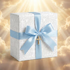 Elegant baptism wrapping paper with crosses, light blue satin ribbon, and gold charm by Wrapped Studios.