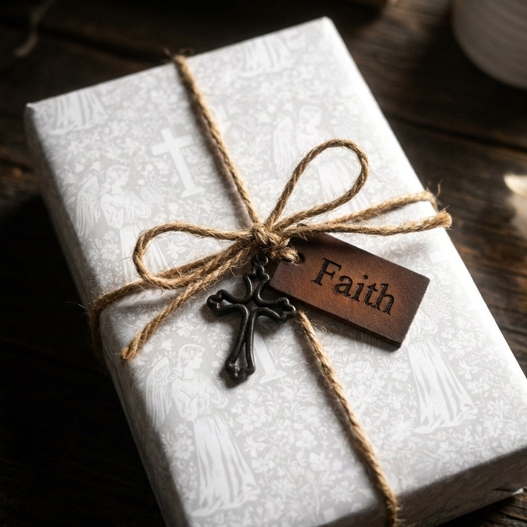 Christian baptism gift wrap with angels and crosses on a rustic gift box by Wrapped Studios.