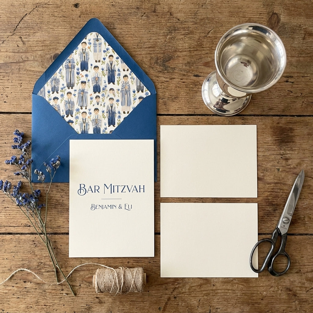 Bar Mitzvah invitation suite with custom illustrated blue envelope liner by Wrapped Studios.