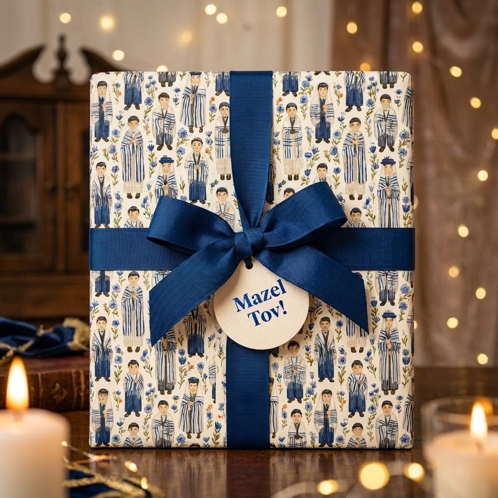 Bar Mitzvah wrapping paper with a navy blue bow and Mazel Tov tag by Wrapped Studios.